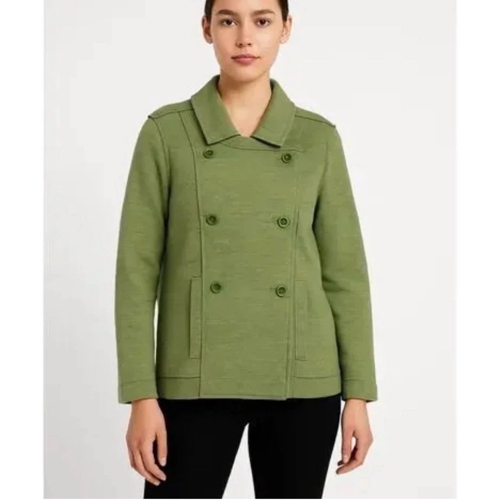 Eileen Fisher Merino Wool Double-Breasted Peacoat Sweater Jacket Green Size S
